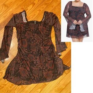 Cosmic Aura Crimson and Black Rose Pattern Mesh Dress